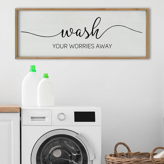 SRSZHIYUE Wash Your Worries Away Bathroom Sign Wall Art 40"x15" Funny Restroom Toilet Large Wood Framed Hanging Decor (Wood)