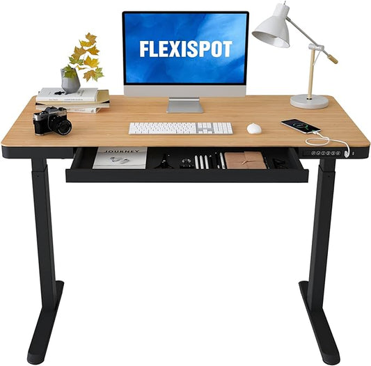 FLEXISPOT Electric Standing Desk with Drawer Storage Adjustable Height Quick Assembly Table w/USB Charge Ports (Natural Desktop + Black Frame)
