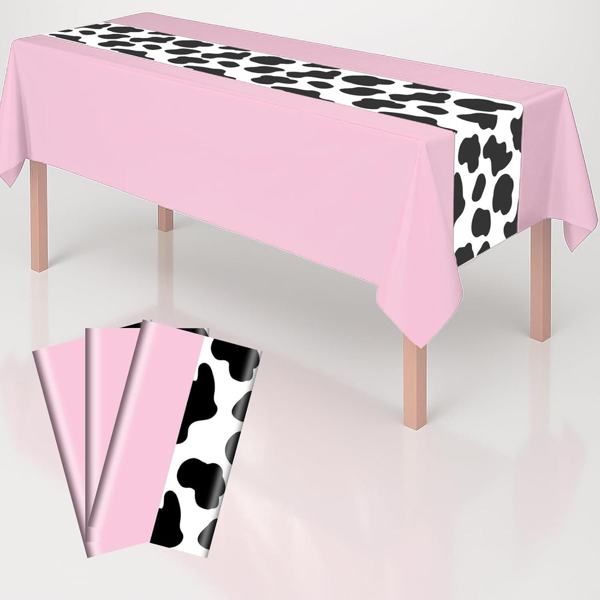 3 Pack 108 x 54 Inch Cow Print Tablecloth Cow Plastic Table Cover Birthday Party Table Cloth Disposable Plastic Farm Animal Party Cover for Disco Cowgirl Decorations Supplies Pink