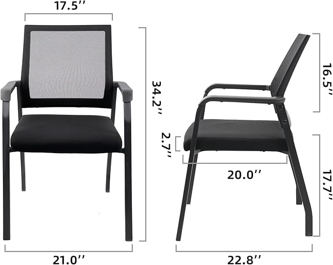 Ergonomic Mesh Guest Chair – No Wheels, Lumbar Support Design, Thick Cushion & Padded Arms – for Office Reception, School, Church Waiting Rooms, Lobby – Black 2PK