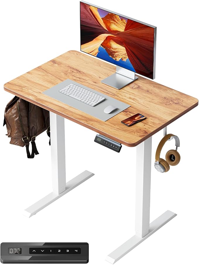 FEZIBO One-Piece Standing Desk Adjustable Height Stand up Home Office Desk, 32x20 Inch Electric Standing Computer Desk, with 4 Memory Presets, Headphone Hook, Light Rustic