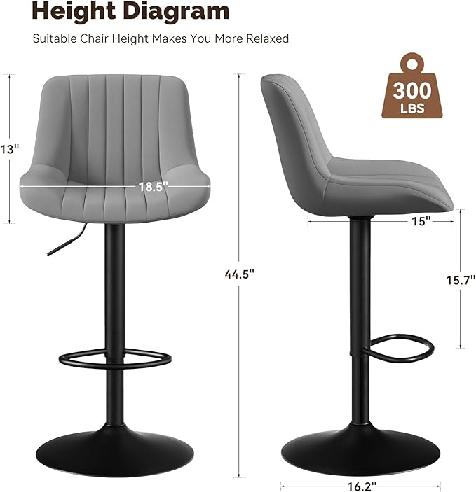 Nalupatio Bar Stools Set of 2, Adjustable Modern Swivel Bar Stools with Backs, Counter Height Performance Fabric Island Chairs for Home Kitchen, Dark Grey