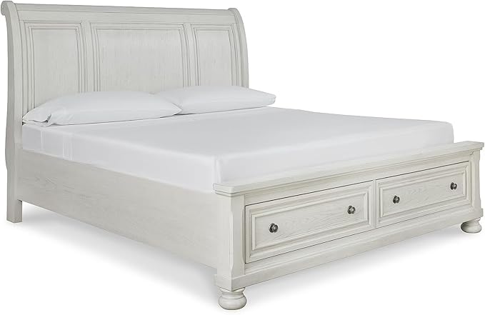 Signature Design by Ashley Robbinsdale Casual California King Sleigh Platform Bed with 2 Drawers, Foundation or Box Spring Not Needed, White