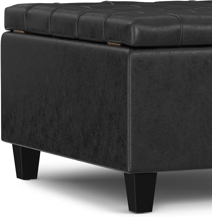 SIMPLIHOME Harrison 30 inch Wide Transitional Square Small Coffee Table Storage Ottoman in Distressed Black Vegan Faux Leather, Assembled, for The Living Room and Bedroom
