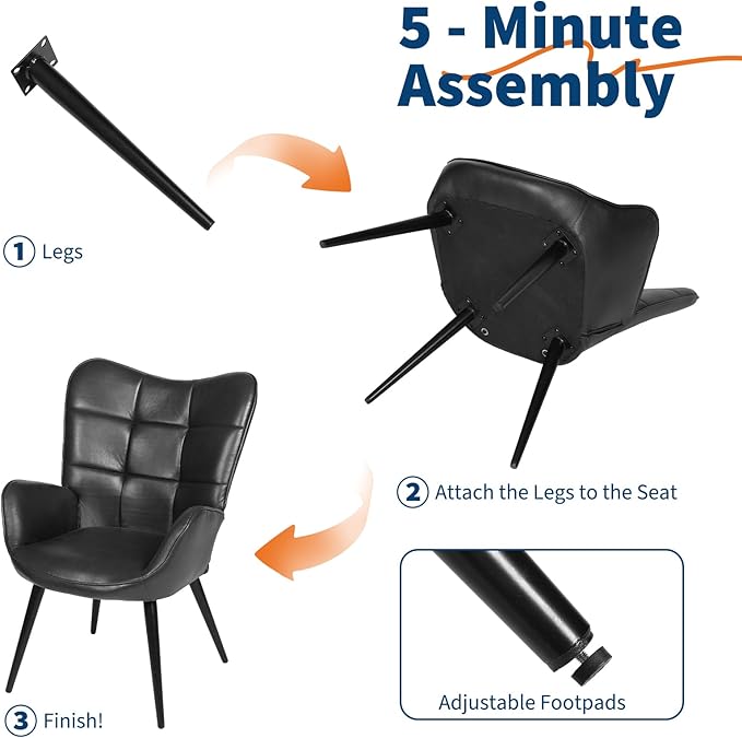 Modern Dining Room Chairs, Mid Century Faux Leather Kitchen Chairs with Back Support and Metal Legs, Accent Upholstered Dinner Chair for Kitchen, Dining Room, Living Room, Restaurant, Black