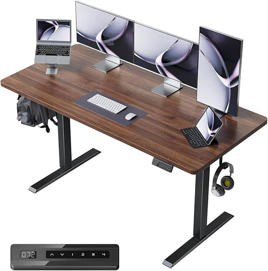 FEZIBO One-Piece Standing Desk Adjustable Height Stand up Home Office Desk, 55x24 Inch Electric Standing Computer Desk, with 4 Memory Presets, Headphone Hook, Black Walnut