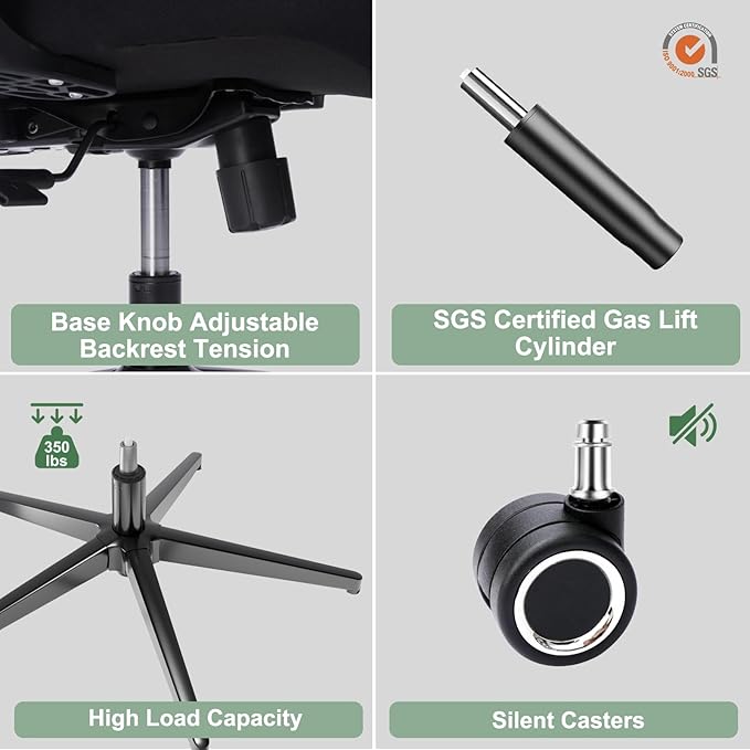 Ergonomic Office Chair - 350LB Mesh Office Chair with Adjustable Lumbar, High Back Computer Desk Chair with 3D Armrests, Comfy Chair with 2D Headrest & Tilt Function for Study, Work, Gaming