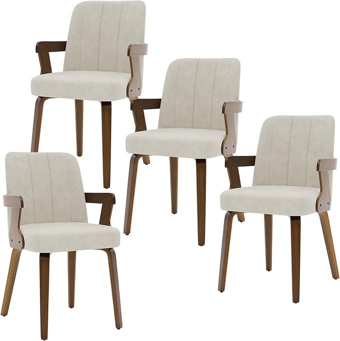 Kitchen Dining Chairs Set of 4, Faux Leather Upholstered Dining Room Chairs with Wood Arms and Legs, Mid Century Modern Kitchen Side Chair for Living, Bedroom, Restaurant, Walnut/Beige