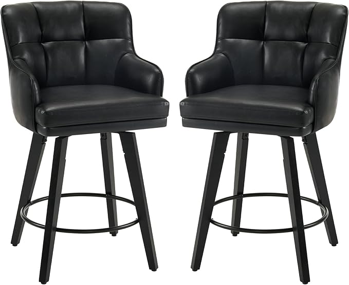 360°Swivel Counter Height Bar Stools with Back, 26 inch Solid Wood Legs, Bar Stool Modern Kitchen Island Chairs, Faux Leather (Black- Faux Leather, 26" H- Set of 2)