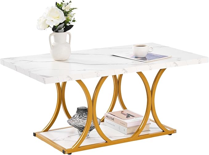 VEVOR Coffee Table, Modern Faux Marble Coffee Table, 2-Tier Rectangle Center Desk with Geometric Legs, Minimalist Sturdy Metal Frame Accent End Desk for Living Room, Office, Easy Assembly, White