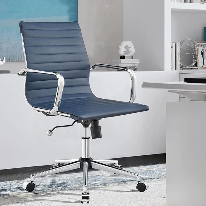 Office Desk Chair,Modern Conference Room Task Chairs,Leather Computer Swivel Excutive Ribbed Ergonomic Rolling Chair for Home Office Desk Chair （Navy）