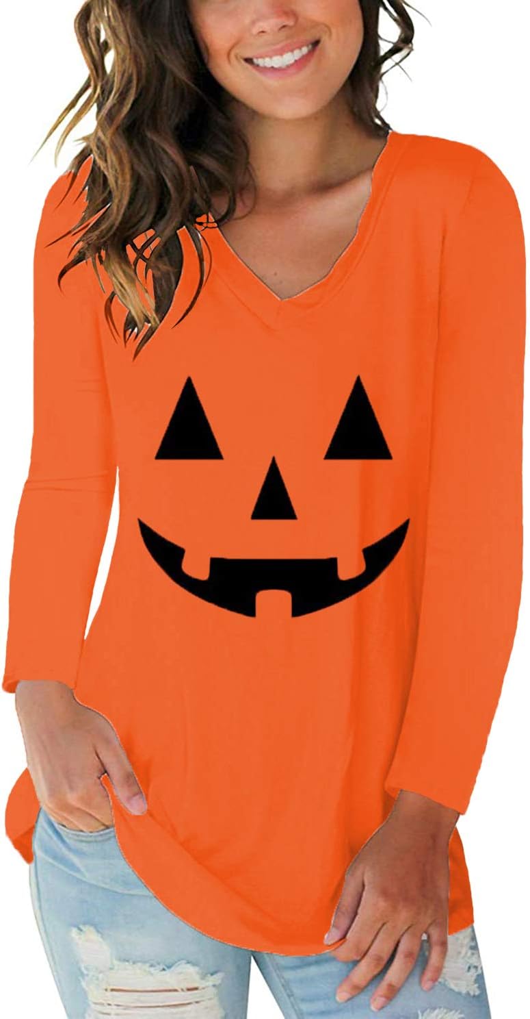 Tobrief Women's Long Sleeve V-Neck Shirts Fall Graphic Tees Loose Casual T-Shirt