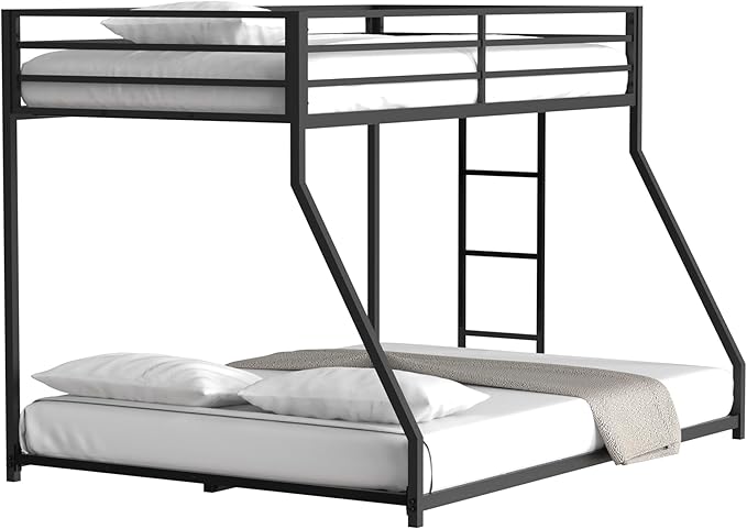 Twin Over Full Bunk Bed for Adults with Stairs Flat Rungs, Metal Bunk Beds Twin Over Full Size for Teens Dorm Bedroom Guest Room,Heavy Duty Bunk Beds with Ladder and Guardrail