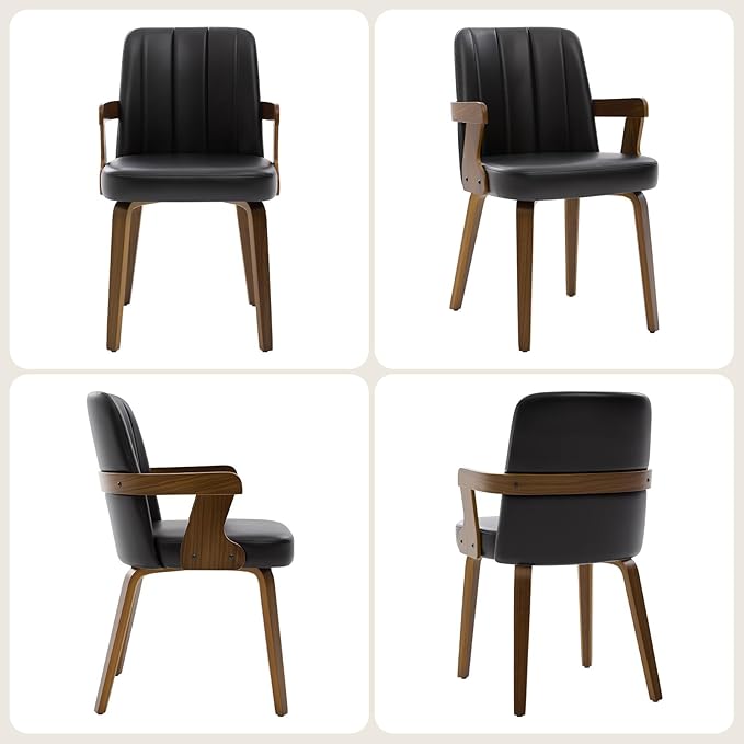 Kitchen Dining Chairs Set of 4, Faux Leather Upholstered Dining Room Chairs with Wood Arms and Legs, Mid Century Modern Kitchen Side Chair for Living, Bedroom, Restaurant, Walnut/Black
