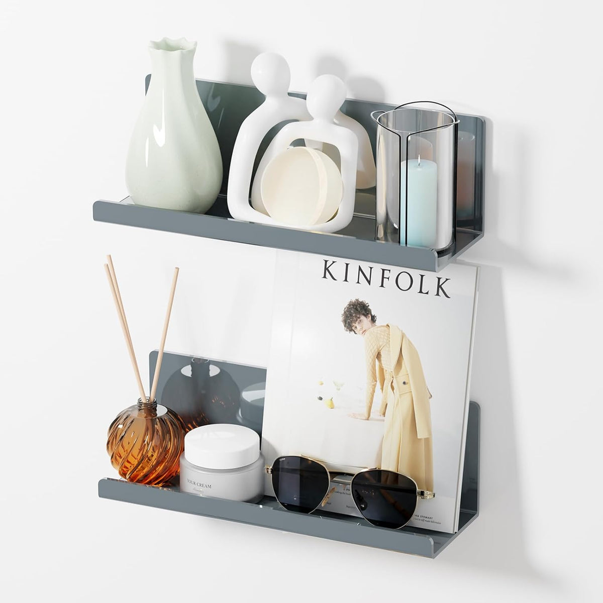 Adhesive Floating Shelves for Wall No Drilling, 12 Inch Acrylic Self Adhesive Shelves, Stick on Shelves, Dorm Wall Shelf, for Bathroom, Kitchen, Bedroom, Office, Gaming Room, Gray
