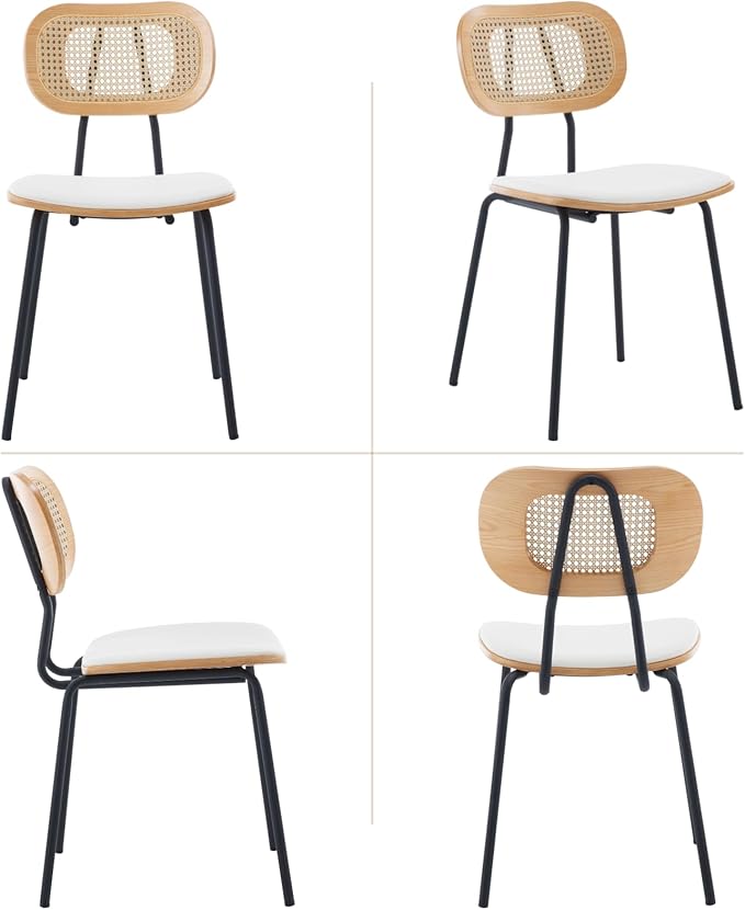 Mid-Century Modern Rattan Cane Back Dining Chairs Set of 2 — PU Leather Upholstered Seat, Black Metal Legs, Kitchen Side Chairs for Kitchen & Dining Room, White