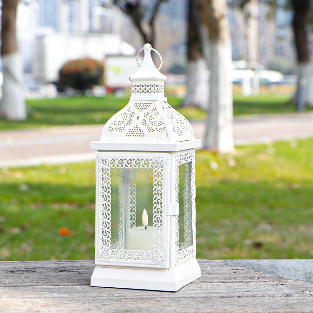 TRIROCKS Rustic Style Metal Candle Lantern 13'' High Decorative Outdoor Lantern Candle Holder with Tempered Glass for Thanksgiving Christmas Living Room Garden Patio Parties Indoors Outdoors (Cream)