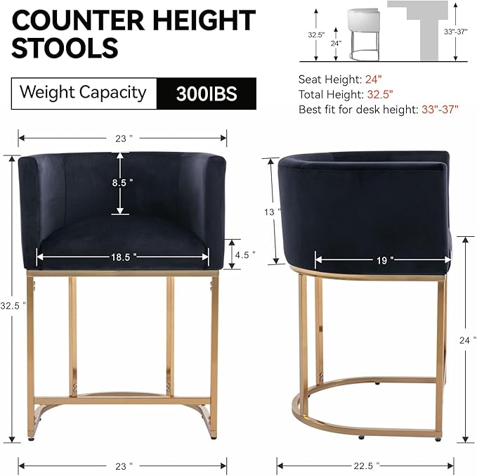 Contemporary Black Velvet Bar Stools Set of 4, 24" Upholstered Fabric Counter Height Barstools Kitchen Counter Island Stools with Screwed Together Golden Metal Base