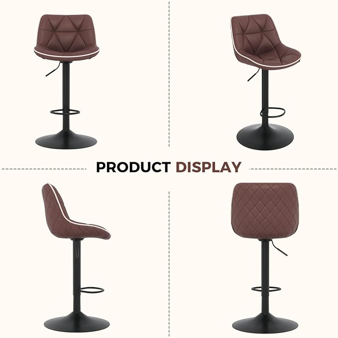 Nalupatio Bar Stools Set of 2, Adjustable Swivel Counter Height Bar Stools with Back, Armless Modern Barstools for Kitchen Island & Home Bar, Upholstered Seat,（Brown）