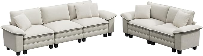 PHI VILLA Cloud Modular Couches Sets, 2 Pieces Comfy Sectional Sofa Set with Loveseat, 5-Seater Upholstered Couch for Living Room, Chenille Fabric, Beige