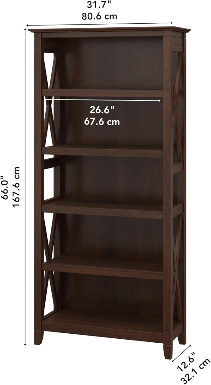 Bush Furniture Tall 5 Shelf Bookcase for Living Room or Home Office, Large Bookshelf, Modern Farmhouse Style, Key West Collection, Bing Cherry