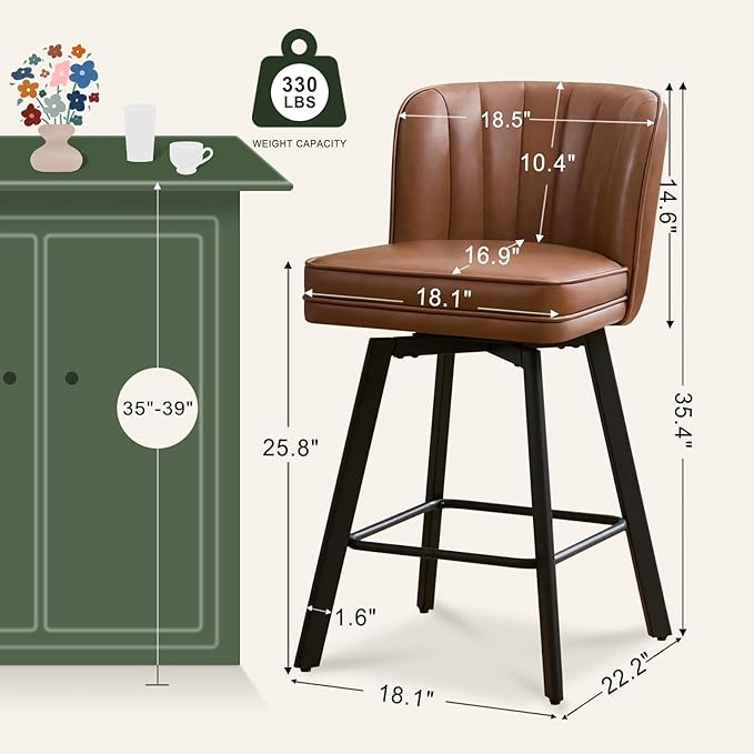 Swivel Counter Height Bar Stools Set of 2, 26'' Modern Barstools with Backs and Metal Legs, Upholstered Bar Chairs, Faux Leather Dark Brown Stools for Kitchen Island Chairs