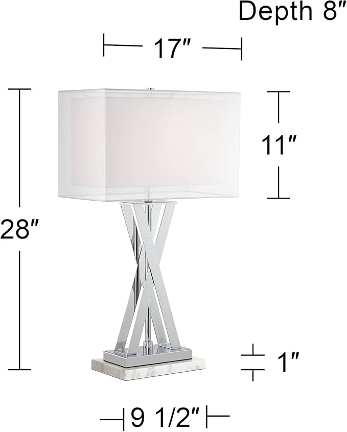 Possini Euro Design Proxima Modern Table Lamp with White Marble Riser 28" Tall Chrome Silver Metal Double Rectangular Shades Decor for Bedroom Living Room Nightstand Bedside Office Kids Room