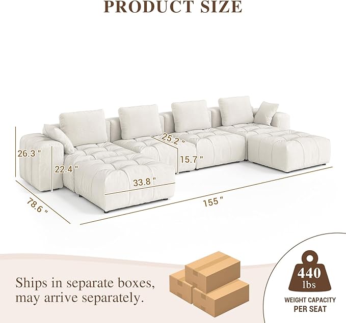 Cloud Sectional Couches, Comfort Linen U-Shape Modular Sofas with Wide Deep Seat, Down Filled Modern Upholstered Sofa Couch for Living Room, Apartment,Cream White