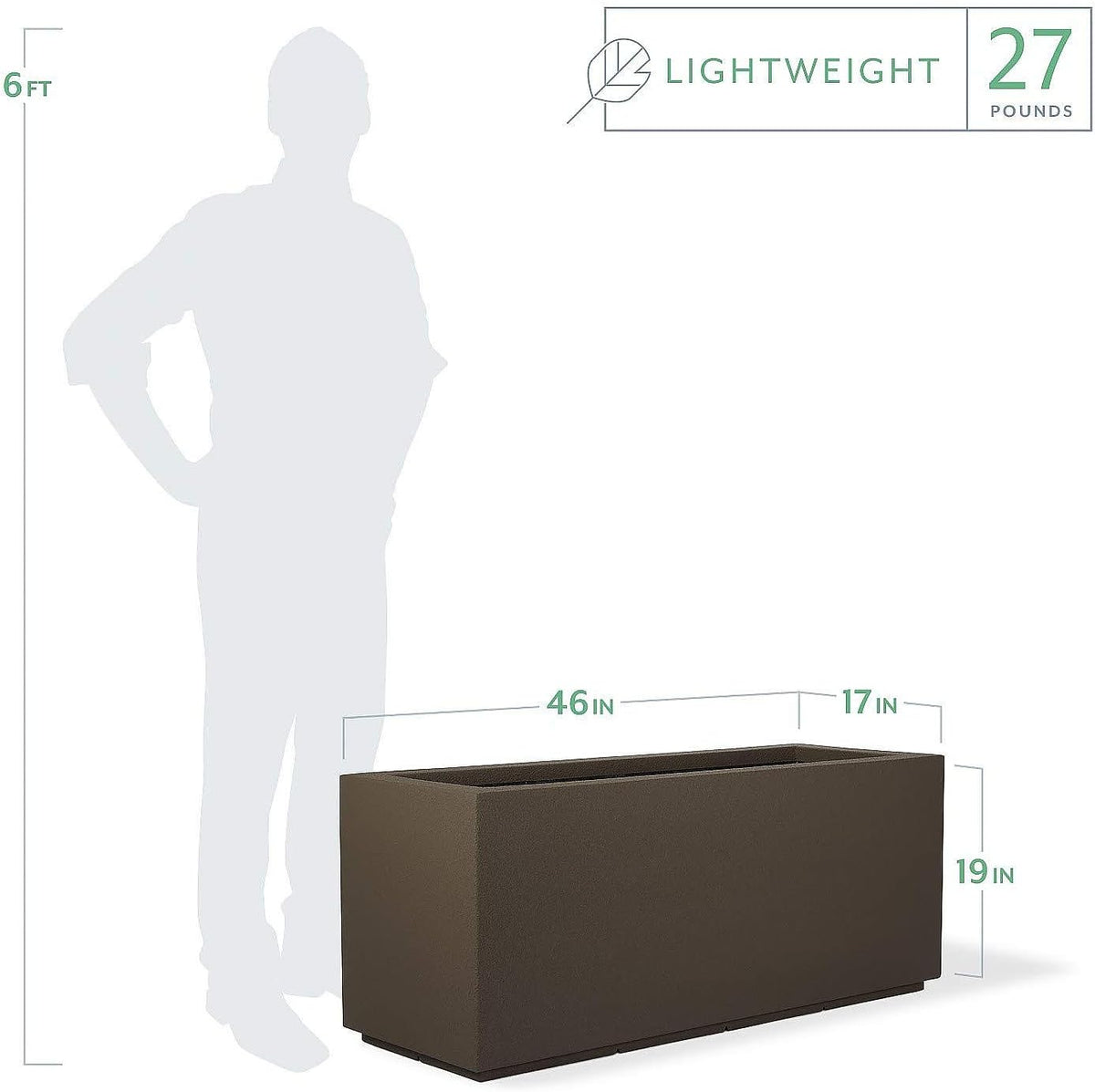 PolyStone Milan Tall Modern Outdoor/Indoor Rectangular Trough Planter, 17" L X 46" W X 19" H, Lightweight, Heavy Duty, Weather Resistant, Polymer Finish, Commercial and Residential (Chocolate Brown)