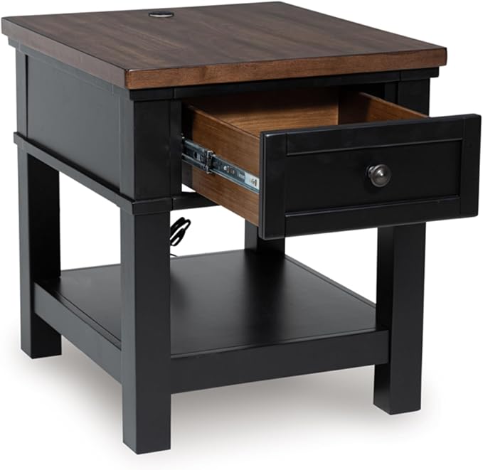 Signature Design by Ashley Wildenauer Farmhouse 1-Drawer End Table with Lower Shelf and USB Ports, Light Brown & Black