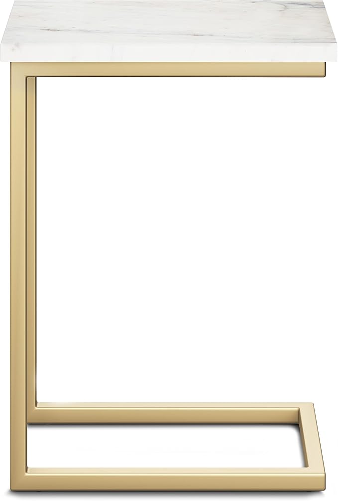 SIMPLIHOME Skyler 18-inch Wide Metal Table in White/Gold, C-Shaped Industrial-Style Side Table with Genuine Marble Top for Living Room, Bedroom, or Home Office