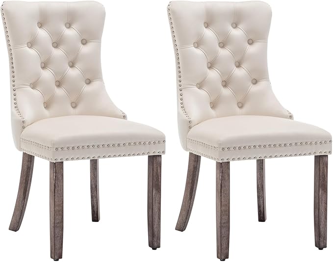 Velvet Dining Chairs Set of 2, Tufted Dining Room Chairs with Nailhead Ring Pull Trim, Upholstered Dining Chairs with Solid Wood Legs for Kitchen Dining Room (Beige)