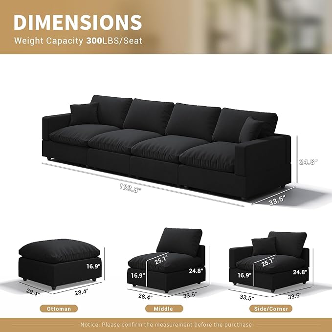Modern Sectional Linen Couch for Living Room,4 Seat Modular Cloud Sofas,Detachable Couch Cushion Covers,Cozy Feather Down Sofa for Apartment Black
