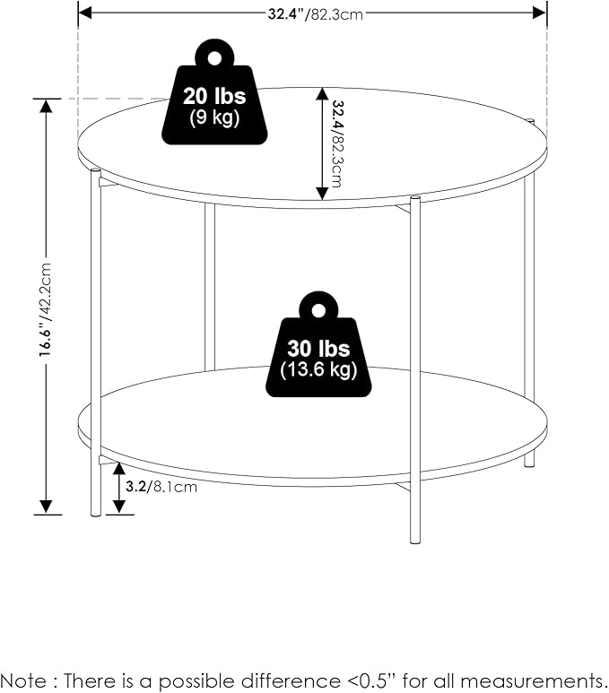 Furinno BESI Coffee Table, 2-Tier Round Modern Coffee Table with Metal Legs, Metal Frame Side Table with Open Shelf, for Living Room, Bedroom, Home Office, Americano