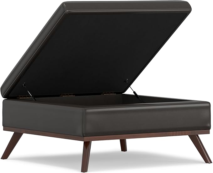 SIMPLIHOME Owen 36 inch Wide Mid Century Modern Square Coffee Table Storage Ottoman in Tanners Brown Vegan Faux Leather, Assembled, for the Living Room, Entryway and Family Room