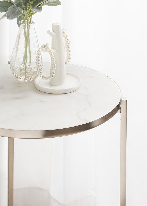 Kate and Laurel Aguilar Modern Round Side Table, 15 x 15 x 24, White and Silver, Genuine Marble Nightstand for Small Spaces and Living Room Décor
