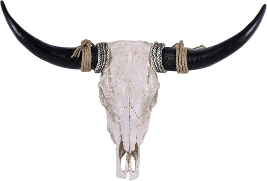 XOUXYJUN 31inch Cow Skull Wall Decor, Long Horn Wall Hanging Decor,Wall Hanging Faux Longhorn Skull Faux Taxidermy Animal Head, Handmade Decor Home Sculpture Faux Bull Horns for Wall (Black)
