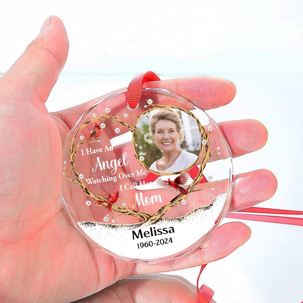 Personalized Angel Ornament for Loss of Loved Ones – an Angel Watching Over Me, Custom Photo Glass Keepsake for Family, Friends, Memorial Ornaments for Deceased