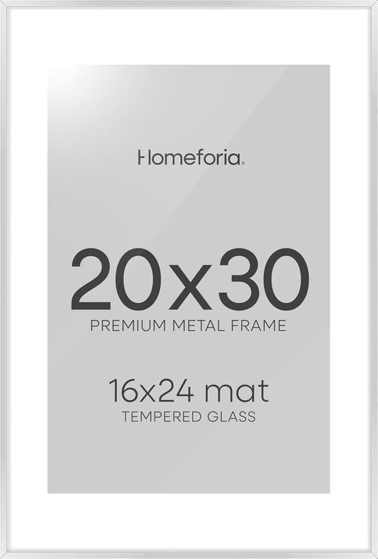 Homeforia Poster Frame Silver 20x30, High End Metal 20 x 30 Picture Frame with Mat 16 x 24 for Photo, 20x30 Silver Frames Matted to 16x24 Print, 30x20 Hanging Frame, Tempered Glass, Wall Kit, Set of 1