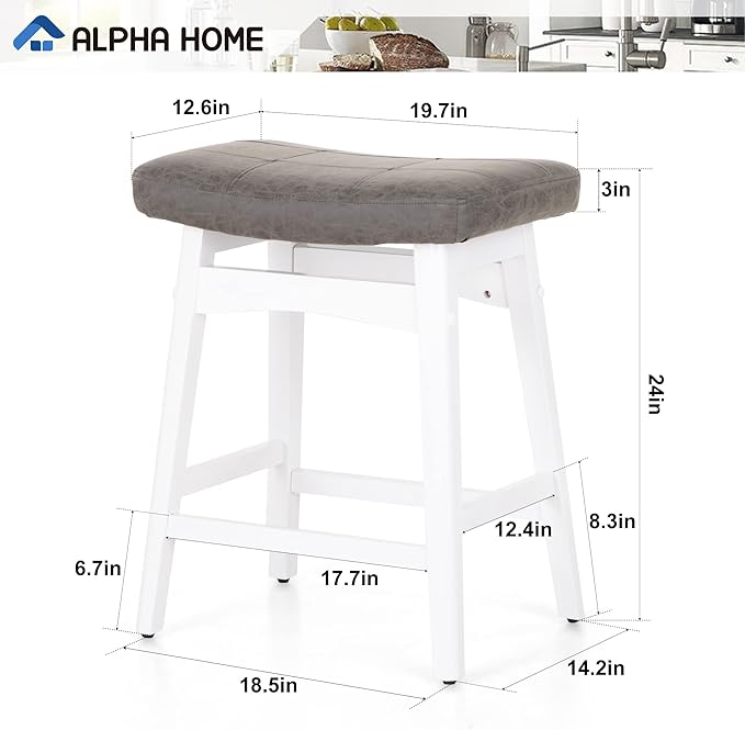 ALPHA HOME Bar Stools Set of 2, Solid Wood Saddle Kitchen Stools with Grey PU Leather Cushion Counter Height Barstools with Wooden Base for Kitchen Dining Cafe, 24 Inch, Grey, 2PCS