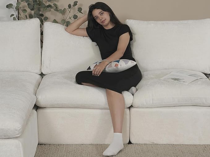 EASE MOOSE Oversized Sectional Cloud Couch-8-Seat, Corner V-Shaped Deep-Seat Modular Boneless Sofa, No-Assembly Chenille Sofa for Living Room, White