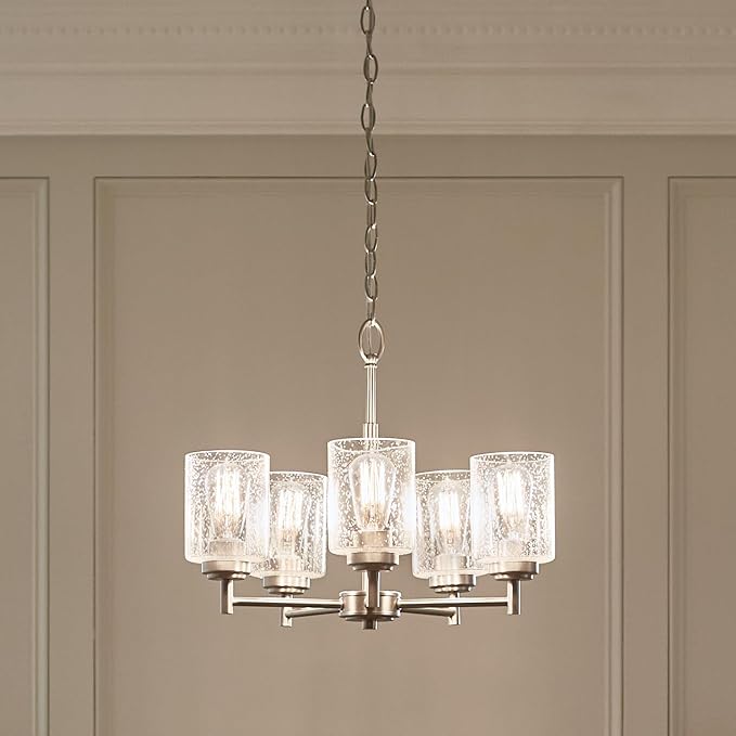 Kichler Winslow 19.75" Chandelier in Brushed Nickel, 5-Light Chandelier for Dining Room, Living Room, or Bedroom, Clear Seeded Glass, (19.75" W x 16" H), 44030NI