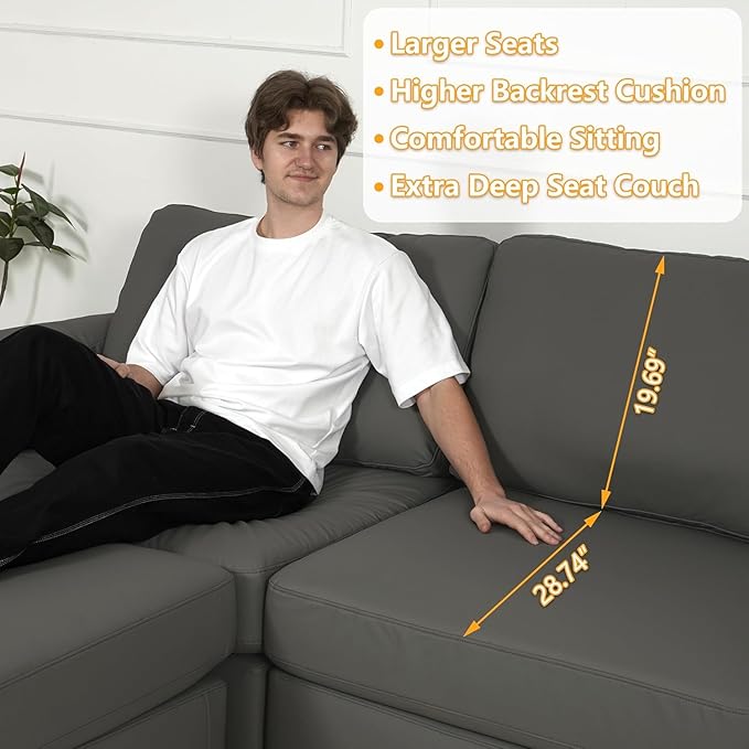 EASE MOOSE Leather Sectional Couch, Oversized Modular Sectional Sofas, Wide Deep Seat Modular Couch, Scratch Resistant Faux Leather Material, L Shaped Sofa for Big Spaces, Grey