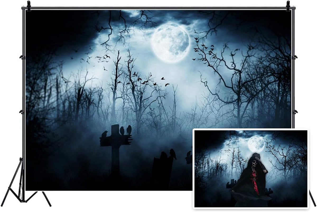 AOFOTO 7x5ft Moon Night Halloween Cemetery Photography Backdrop Flying Bats Birds Stand on Gravestone Cross Graveyard in Dark Forest Photo Background Cloth Vinyl Wallpaper Photo Studio Props