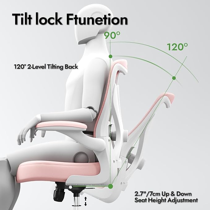 Ergonomic Office Chair: Mesh Desk Chair with Adjustable Lumbar Support 330lbs High Back Computer Gaming Chair - Work Chairs with Flip-Up Arms for Long Hours-Adults Home Office (Pink)