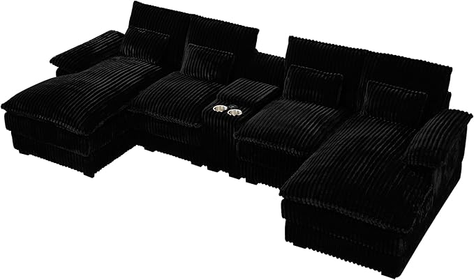 HYJT-H&K 124" U Shaped Cloud Couch Sectional, Comfy Fluffy Plush Corduroy Dark Black Sectional Couches for Living Room, Modern Modular Corduroy Couch Sectionals with Central Console & Double Chaise