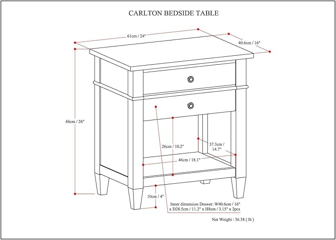 SIMPLIHOME Carlton Bedside Table - 24 inch Wide Solid Wood Nightstand Table in Rustic Natural Aged Brown, Transitional Bedroom Side or End Table with 2 Drawers, Open Storage Shelf and Bronze Hardware