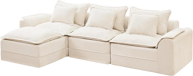 Hobestluk 120" Cloud Modular Sectional Couch 3-Seater Sofa with Ottoman L Shaped Sofa with Removable Cover Large Sofa Couch for Living Room (Beige, 3-Seater Sofa with One Ottoman)