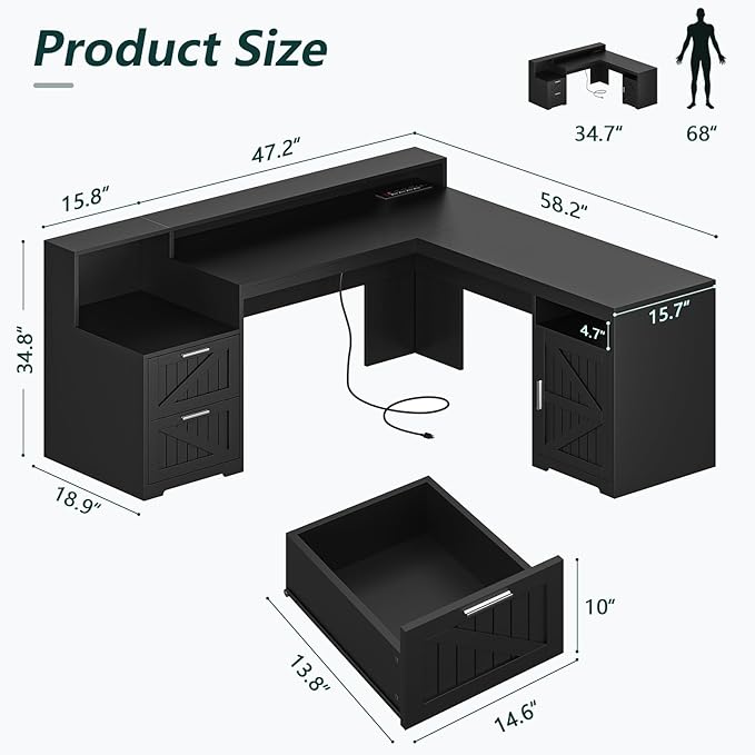 63" Farmhouse L Shaped Desk with Drawers & Storage Shelf, Corner Computer Desk with Power Outlets for Home Office, Executive Desk with Monitor Stand, Printer Shelf, Black