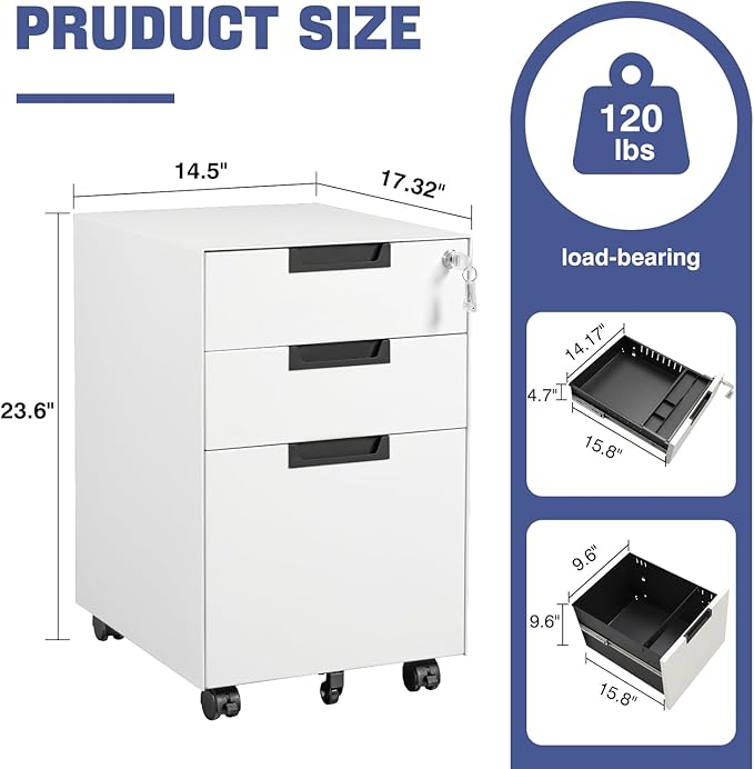 Rolling File Cabinet with Lock, 3 Drawer Metal Mobile Filing Cabinet for Legal/Letter Size, Fully Assembled Except Casters